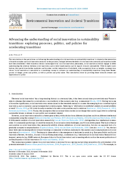 Advancing the understanding of social innovation in sustainability transitions: exploring processes, politics, and policies for accelerating transitions