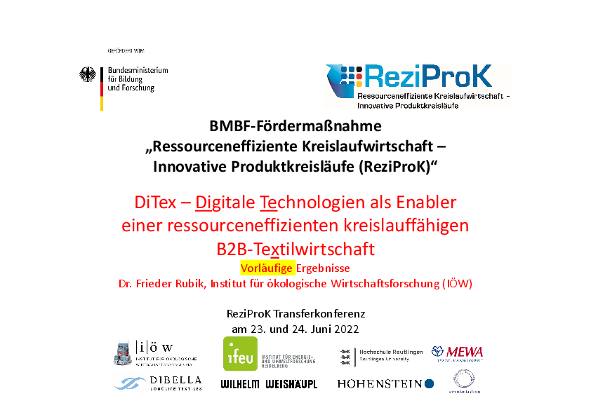DiTex – Digitale Technologien als Enabler einer ressourceneffizienten kreislauffähigen B2B-Textilwirtschaft. Vorläufige Ergebnisse