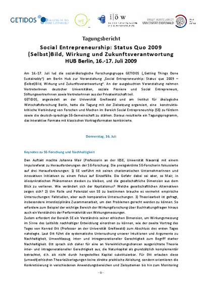 Tagungsbericht Social Entrepreneurship: Status Quo 2009