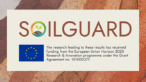 Logo Soilguard, EU-Flagge, verschiedenfarbige Erdschichten