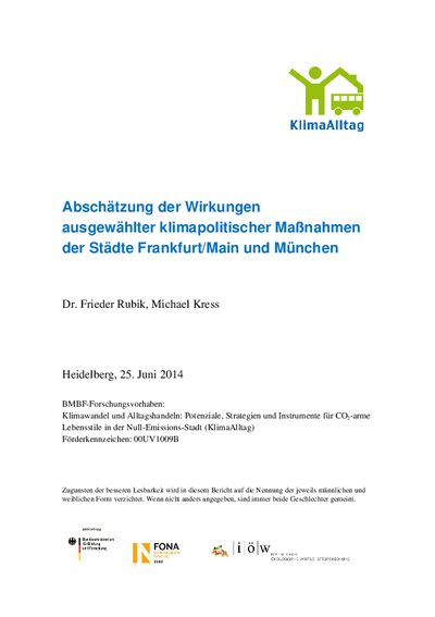 Abschätzung der Wirkungen ausgewählter klimapolitischer Maßnahmen der Städte Frankfurt/Main und München